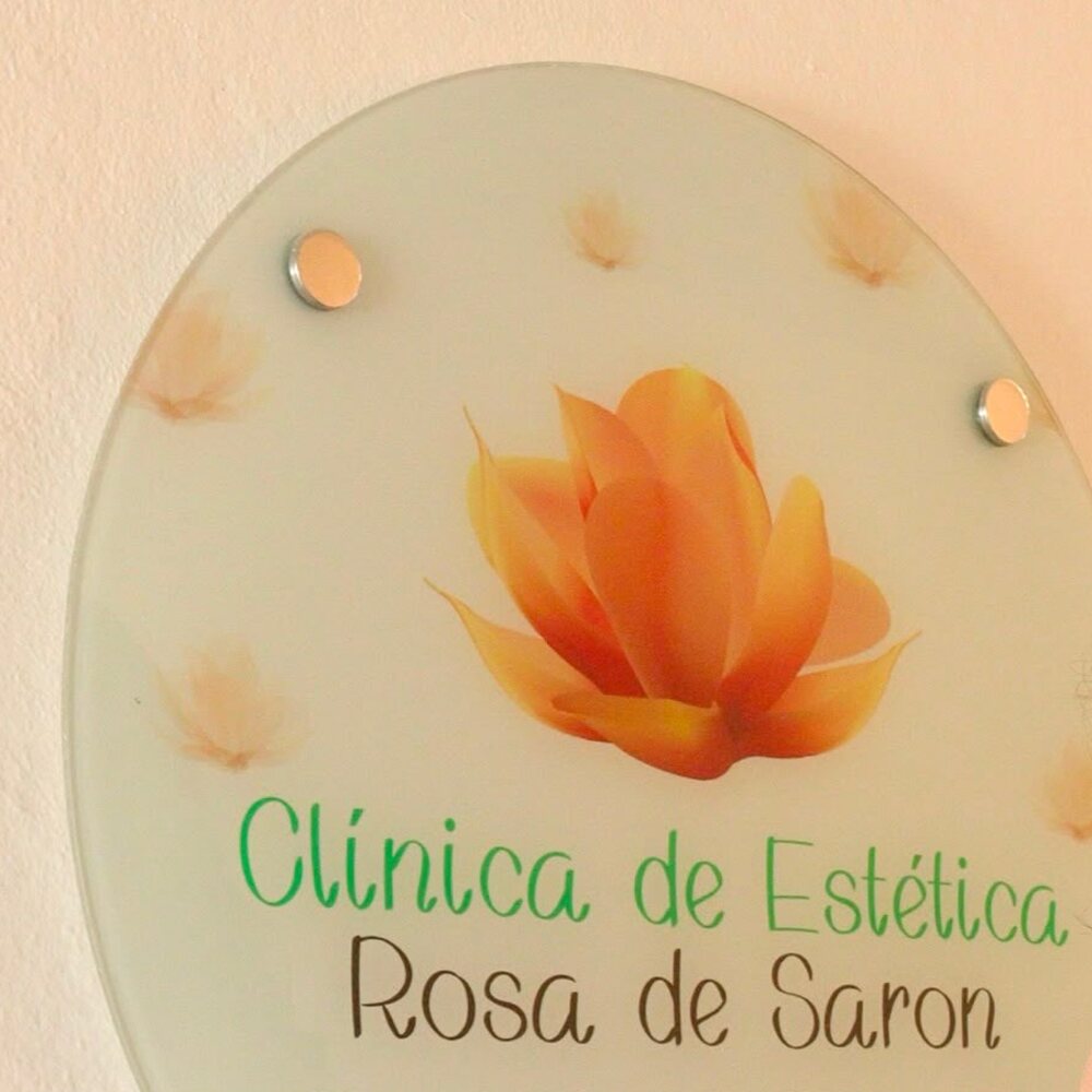A placa de vidro jateado da clínica na parede, com a flor laranja pintada e o nome Clínica de Estética Rosa de Saron em letra manuscrita.